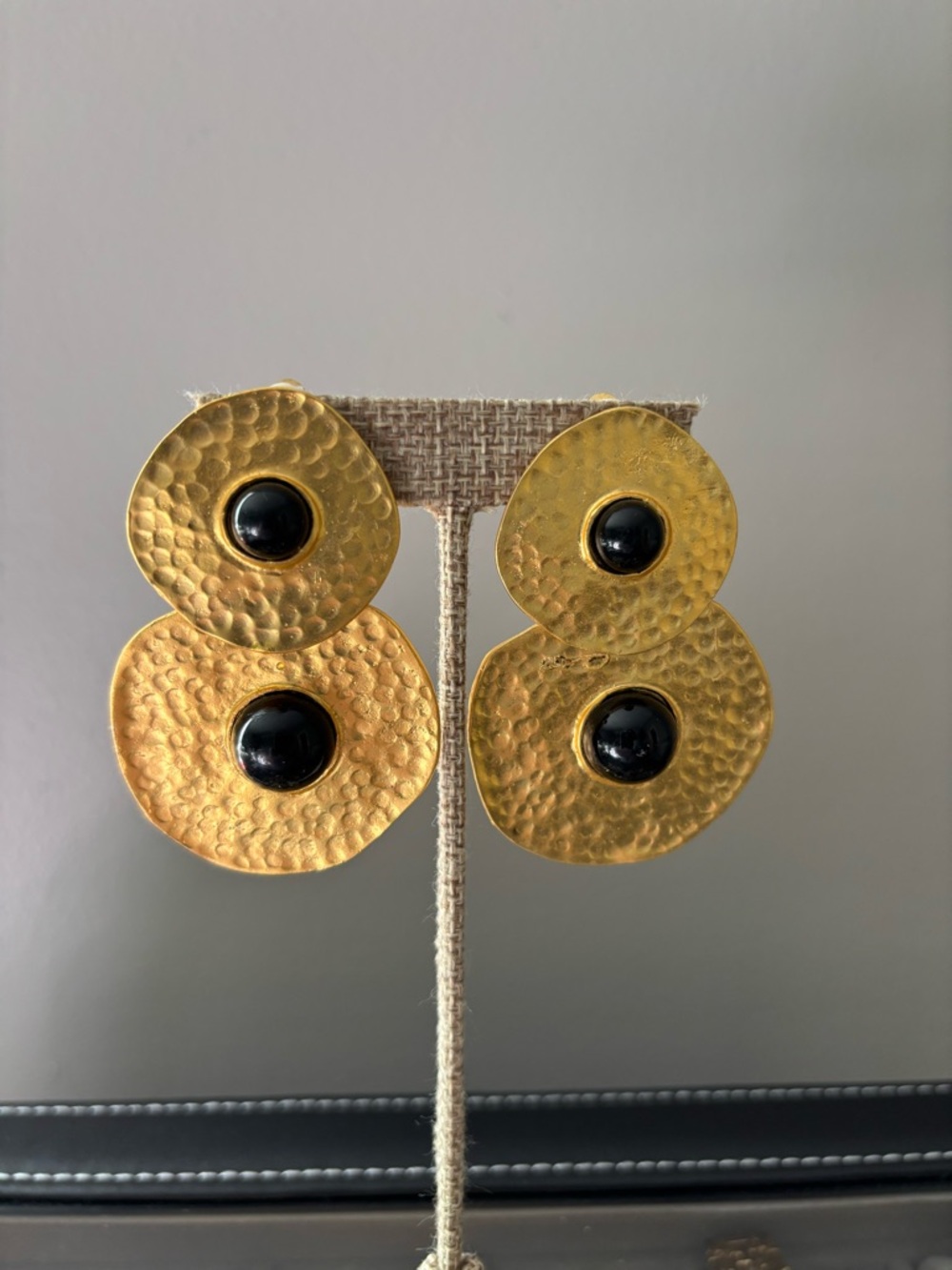 Gold Hammered Double Disc Earrings with Black Cabochon